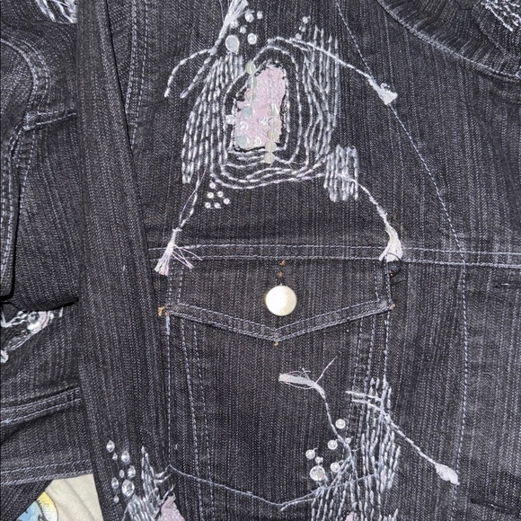 IOS Black Denim Sequin and Embroidry Embellished Jean Jacket Size Large - Picture 7 of 7